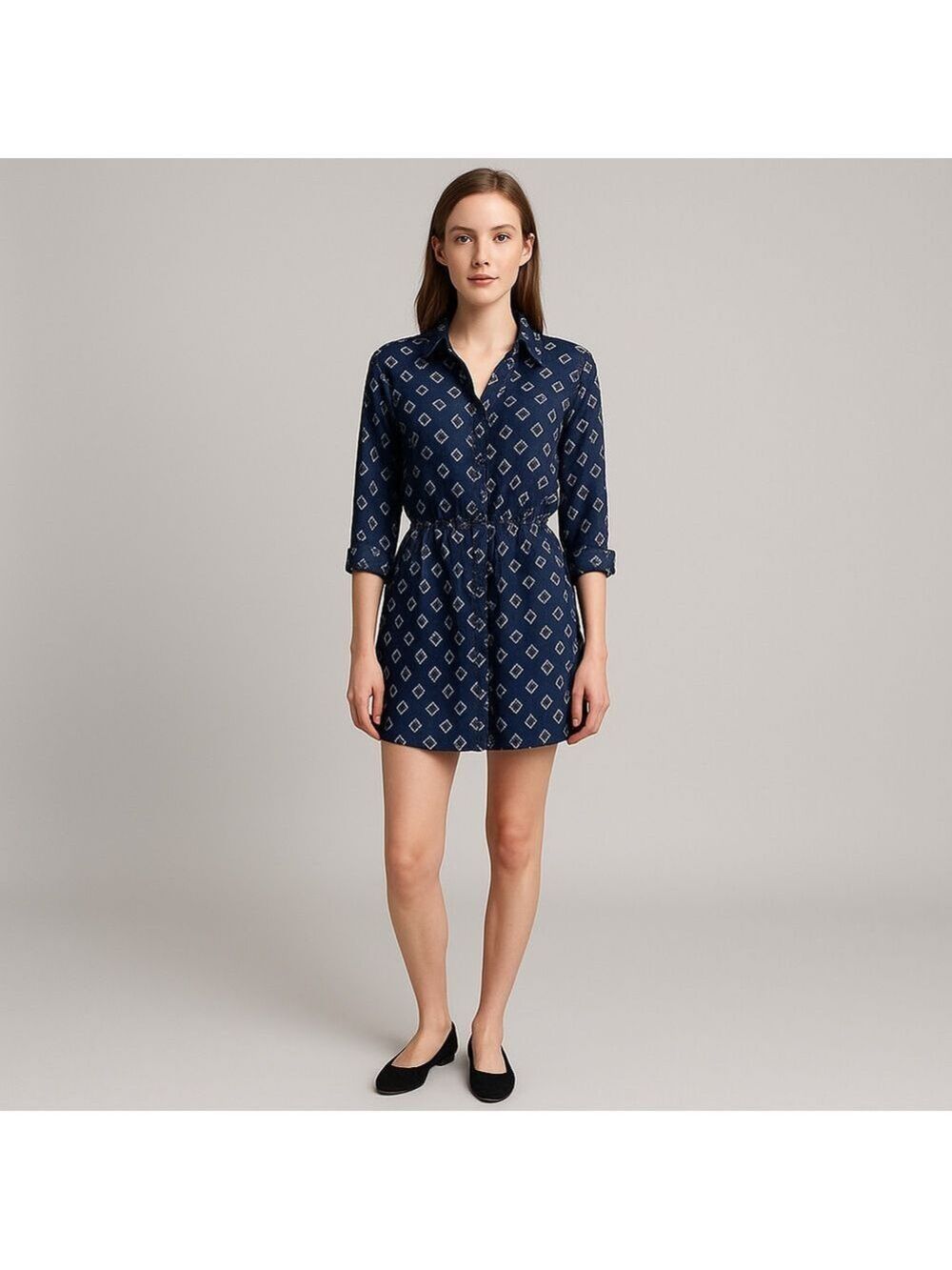 Indulge in Style Shirt Dress Blue Black White Purple Print Medium